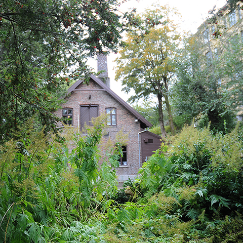 an image of the gardeners house in Muséhagen surrounded by green trees and shrubbery.